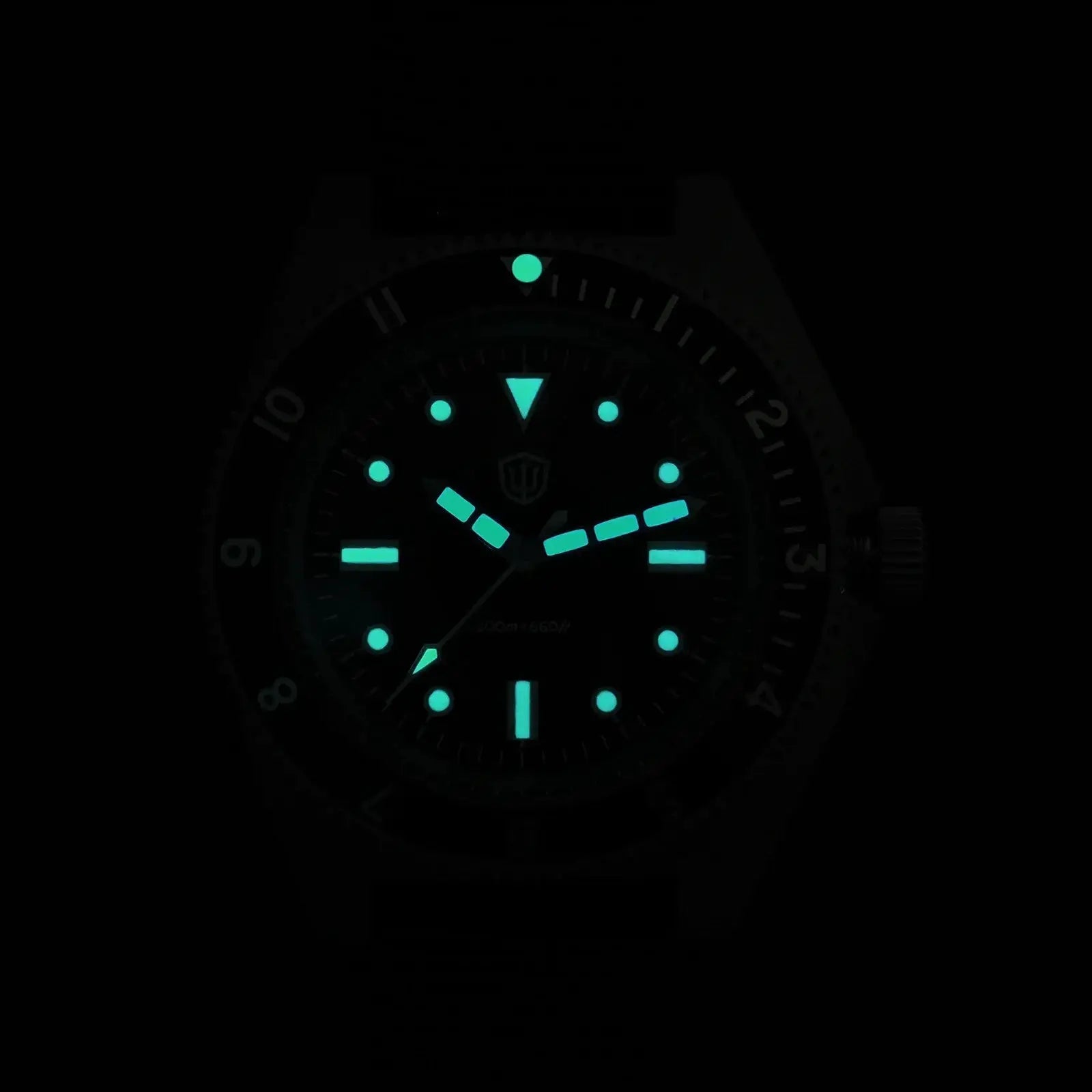 Watchdives WD1972 dive watch by Simples Market with luminous teal markers and sapphire crystal.