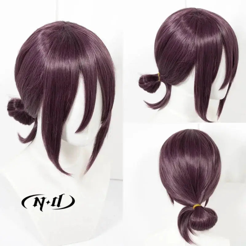 ND Reze cosplay wig by Simples Market in burgundy purple, heat-resistant synthetic with bangs and back bun
