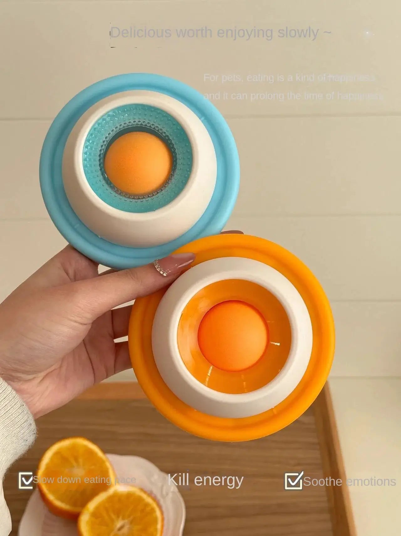 Simples Market 2-pack Lick toy slow-feeder for dogs and cats; blue and orange circular food dispensers with orange balls