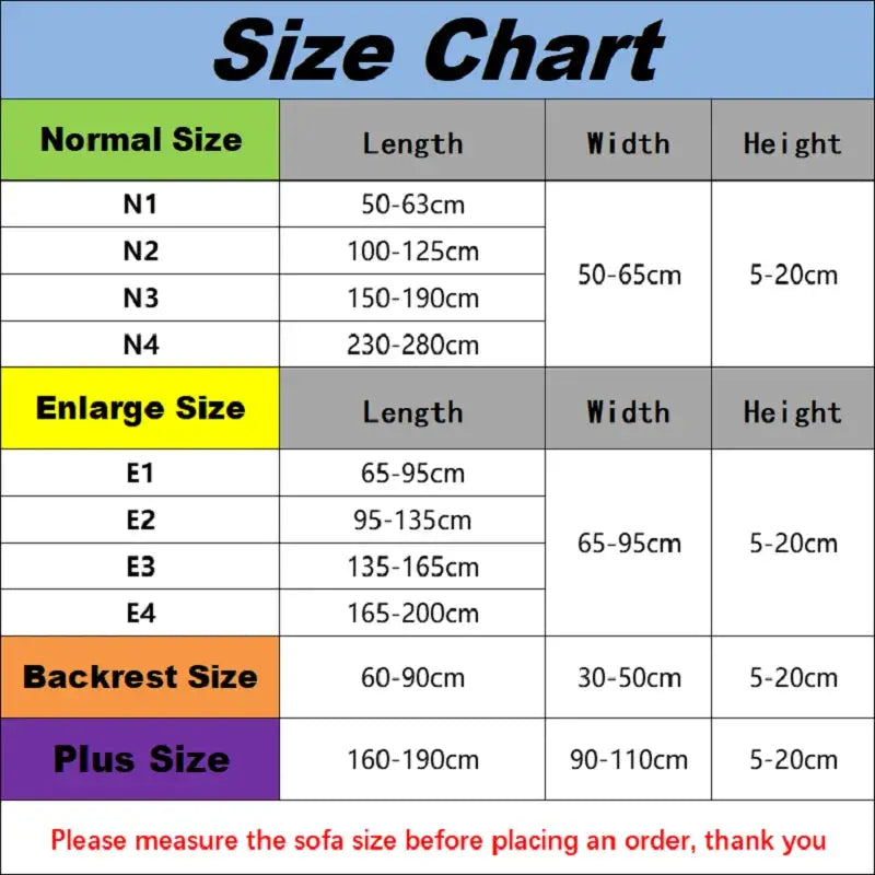 Thicken elastic sofa cover size chart showing Normal, Enlarge, Backrest, and Plus size ranges.