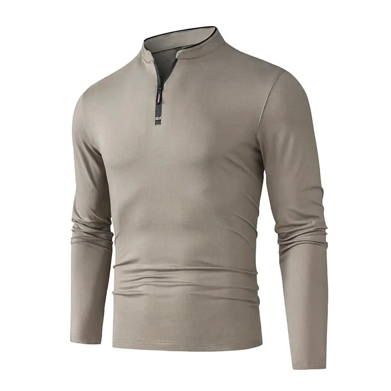 Men's beige stand-collar half-zip long-sleeve shirt, slim fit casual top