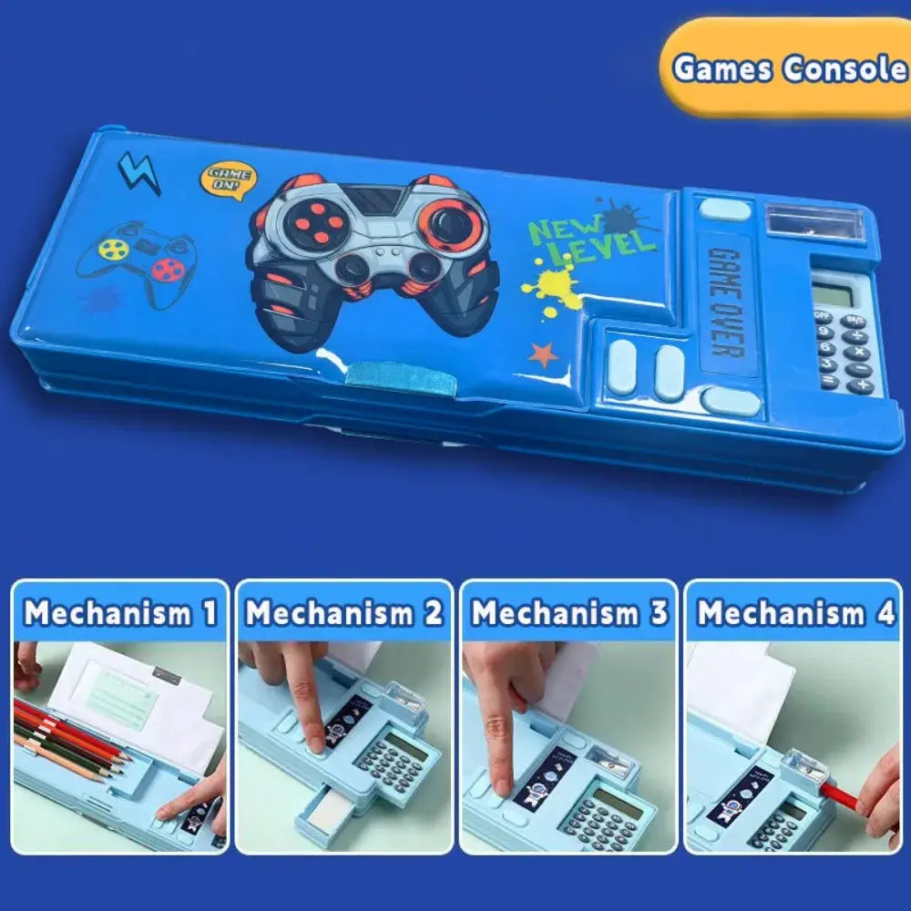Plastic pencil case by Simples Market, blue with built-in calculator and sharpener, game-console design.