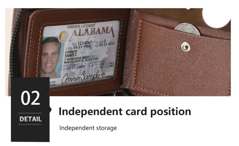 Brown leather men's wallet with zipper, short horizontal three-fold design, ID window