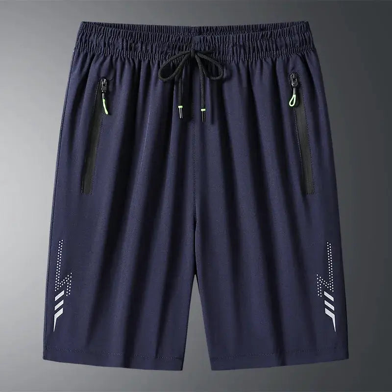 Men's quick-dry jogging shorts, navy blue, lightweight with zip pockets and drawstring