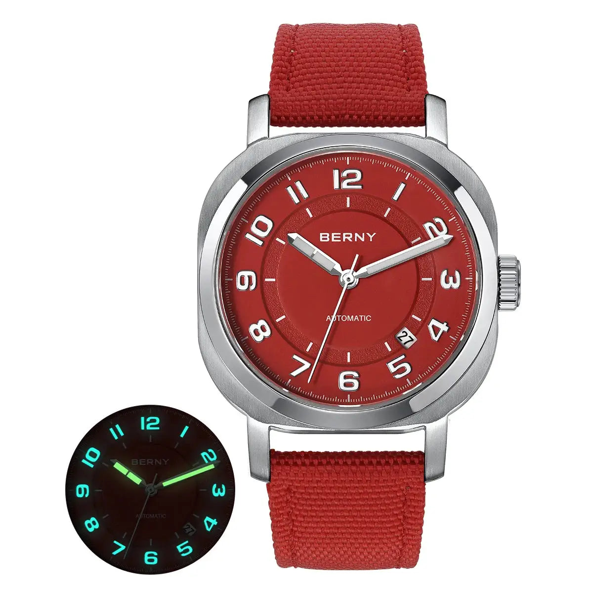 BERNY women's red fabric strap mechanical watch with automatic movement and luminous dial.