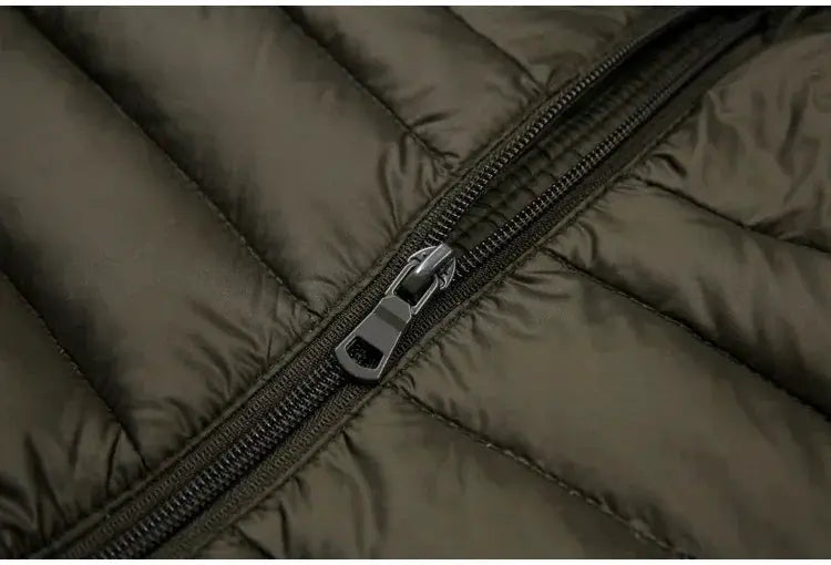 Men's down jacket by Simples Market, olive green lightweight puffer with front zipper