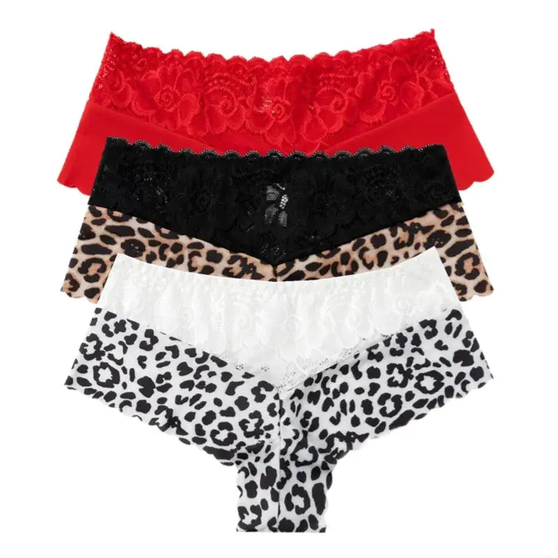 Women's lace panties set, 5-piece assortment in red, black, leopard, white lace, and leopard-print; Simples Market