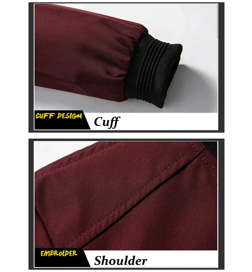 Spring Autumn Men’s windbreaker jacket in burgundy with black ribbed cuff and shoulder seam detail