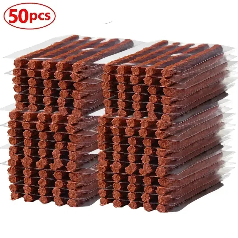 Tire repair strips, brown tubeless rubber wicks, 50pcs in clear bags, stacked bundles for car and motorcycle tires