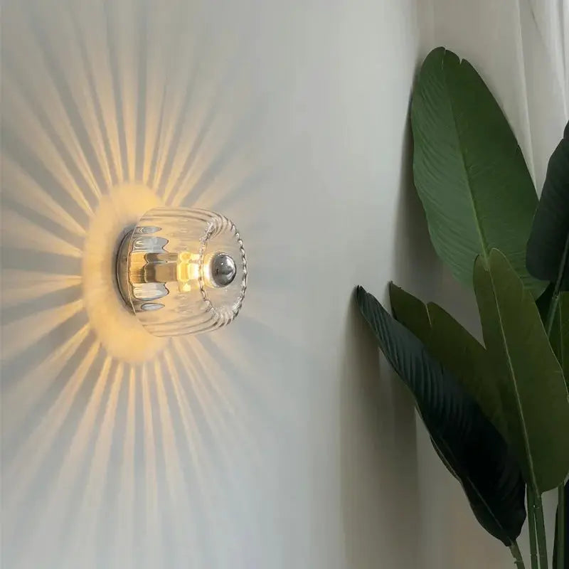 LED Bauhaus glass wall lamp; clear ribbed shade, warm glow, wall-mounted sconce.