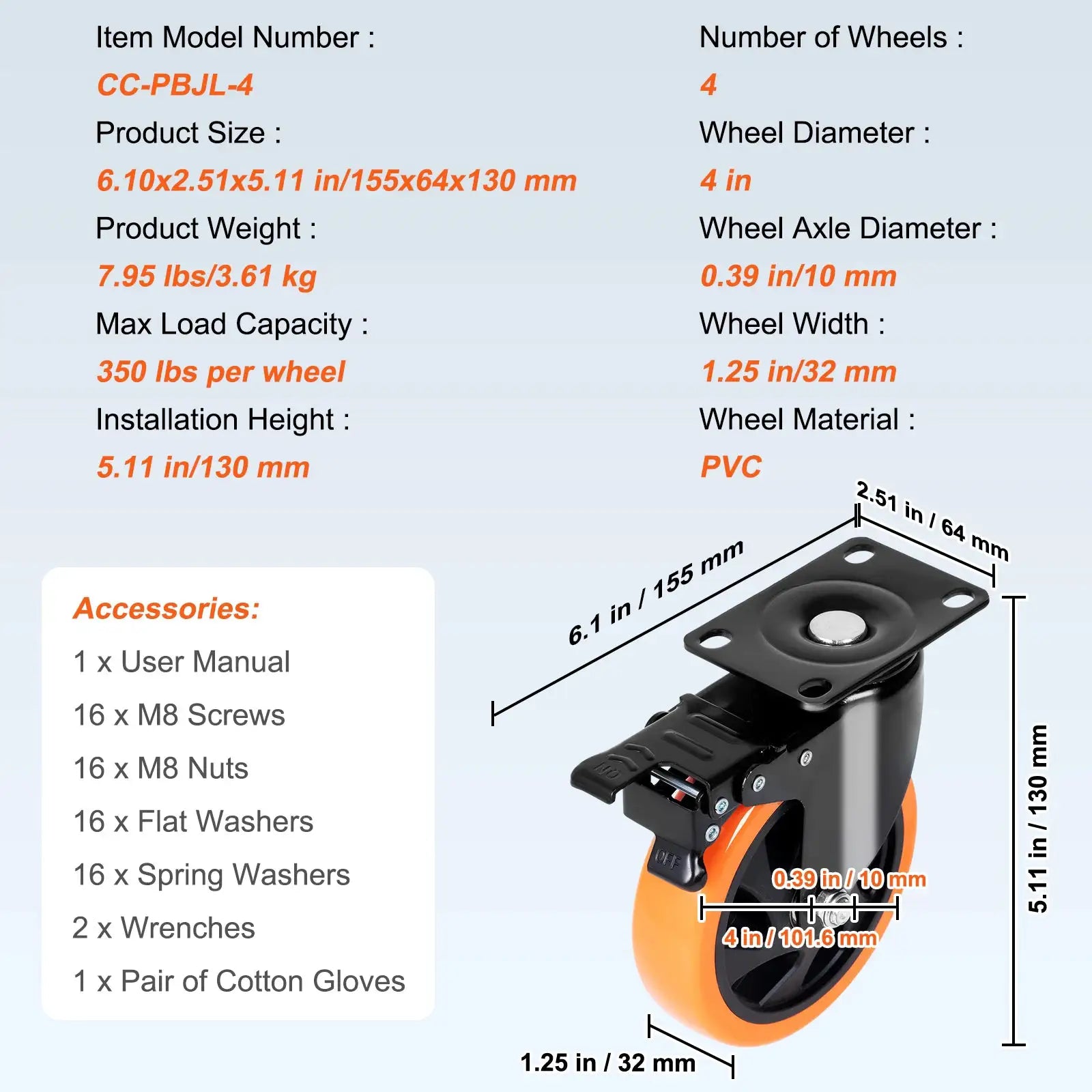 SucceBuy 2 to 6 Inch PVC Caster Wheels Set of 4 Swivel Plate Casters with AB Lock Non-Marking for Carts and Workbenches