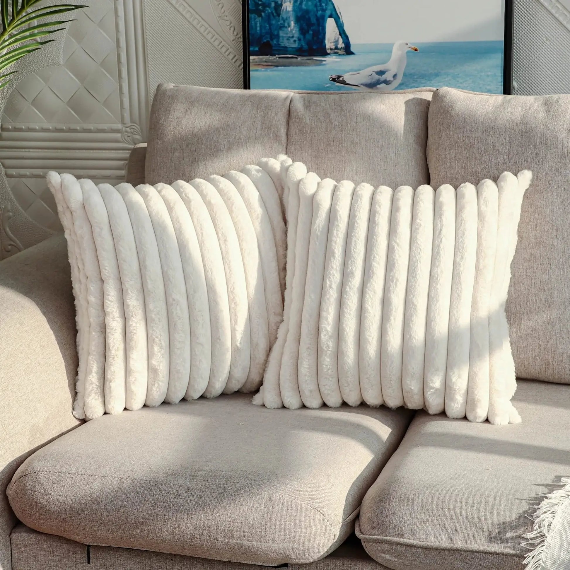 Beige stripe corduroy pillowcases on sofa cushions; Simples Market home decor (3 shown)