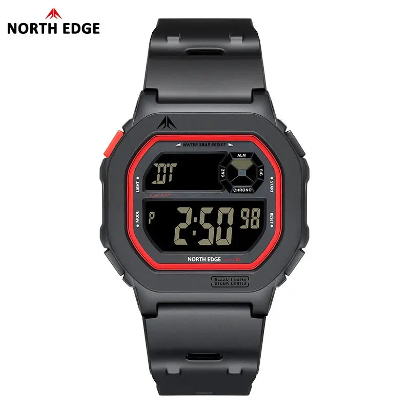 NORTH EDGE X1 square-screen digital sports watch, black with red bezel, waterproof 50M, stopwatch and alarm