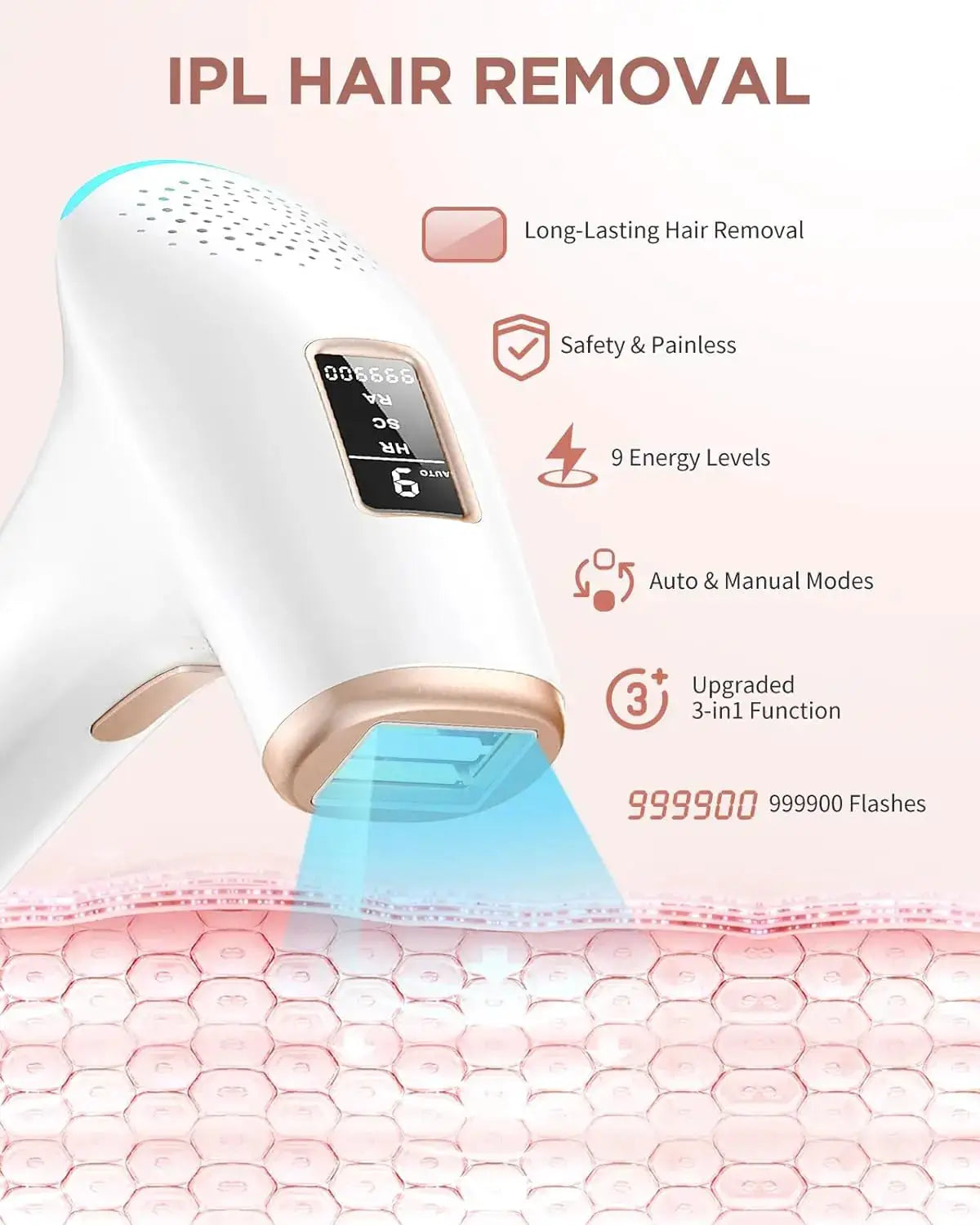Simples Market IPL hair removal device, white with rose-gold trim and blue light for home use