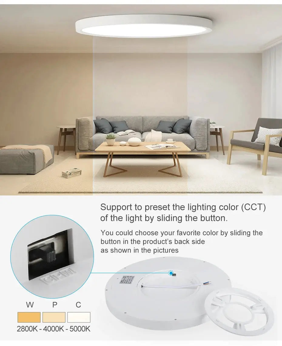 Simples Market LVL LED round flush ceiling light, wood grain and white finish, 3-in-1 color temps 2800K-5000K