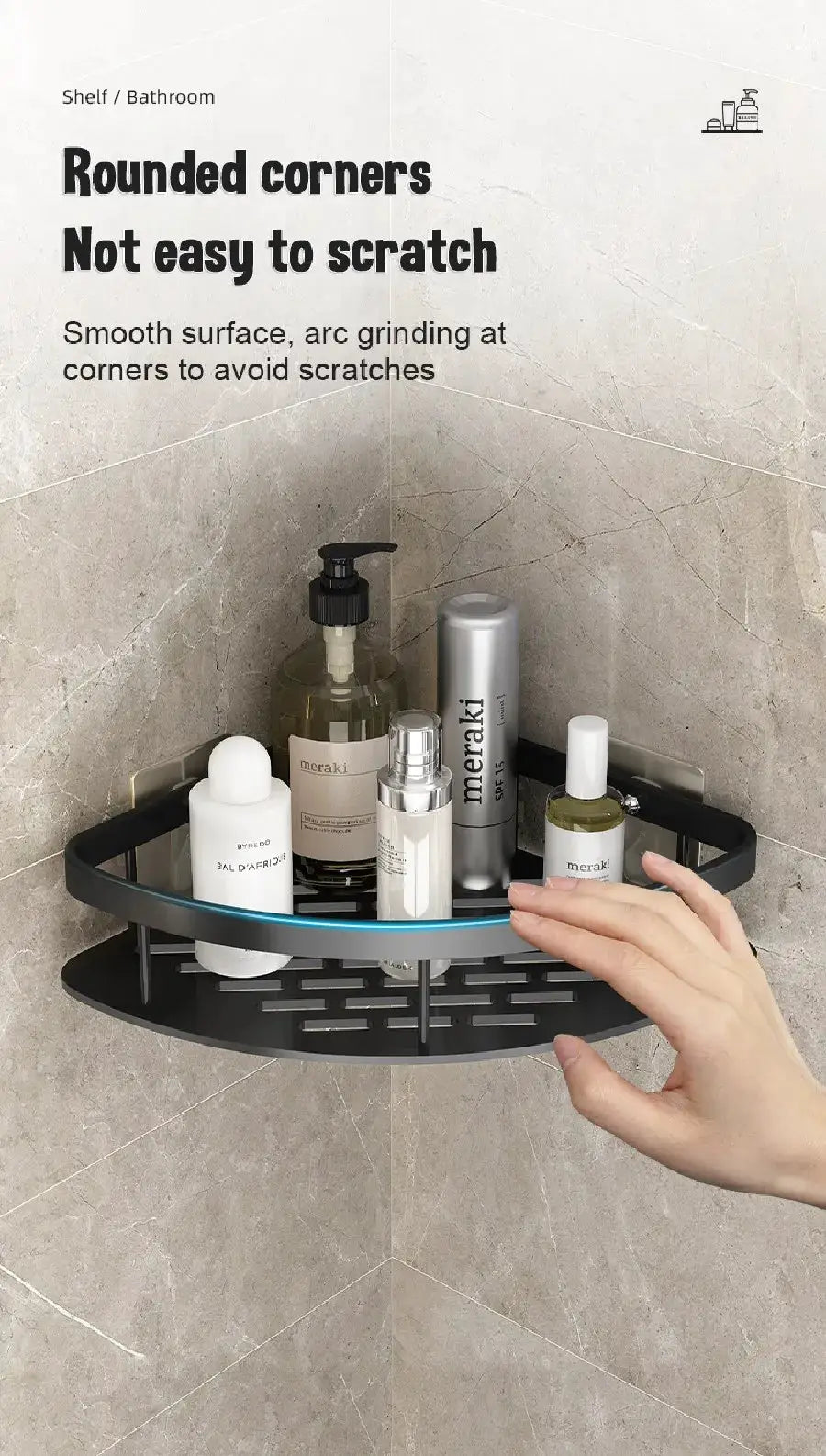 Wall-mounted aluminum corner shower shelf caddy, no-drill installation