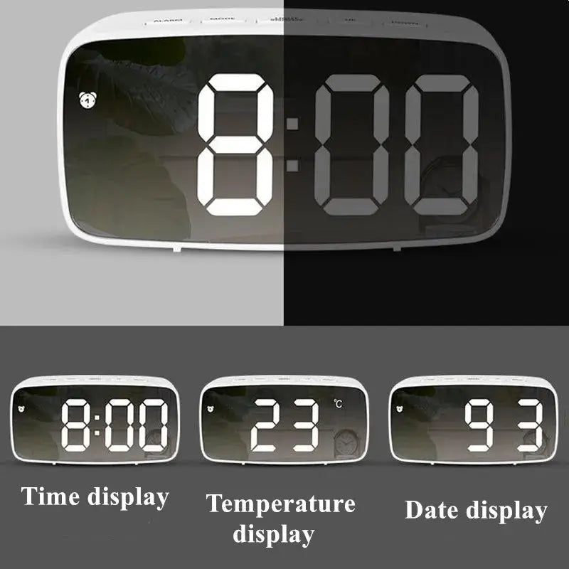 Acrylic mirror digital alarm clock by Simples Market; LED display showing time, temperature and date.