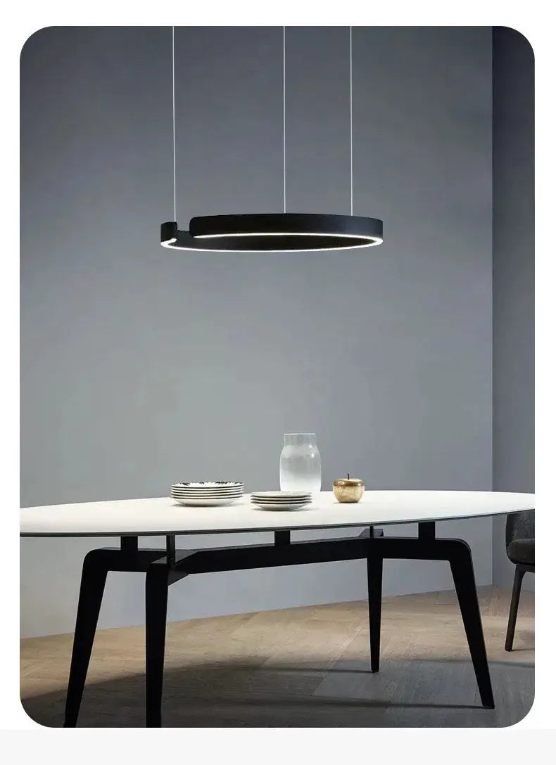 Nordic Ring LED pendant lamp in black and gold, dimmable hanging light for dining room.