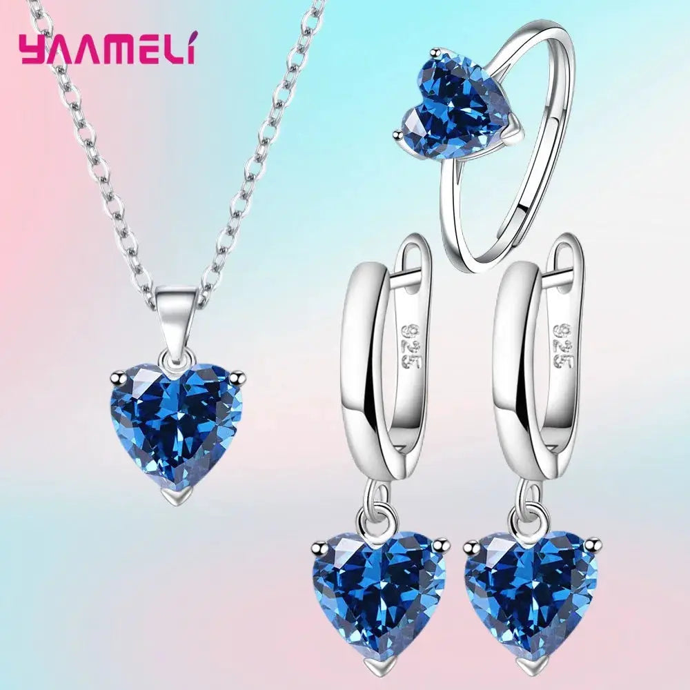 Fine 925 Sterling Silver Jewelry Gift Set For Women Heart Zircon Huggie Earrings Pendant Necklace Ring