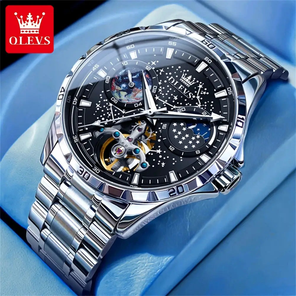 OLEVS Flywheel skeleton automatic men's watch with stainless steel bracelet, starry sky dial, and visible movement.
