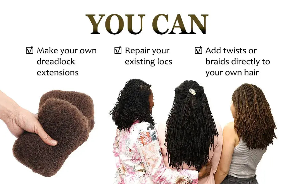 Bulk Afro Kinky Curly human hair for braiding; two brown bundles and three women with braids