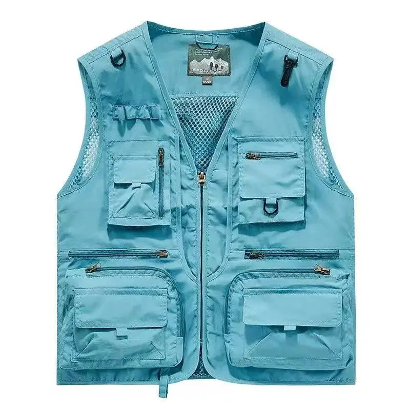 Teal men's outdoor vest with multiple pockets and mesh lining, sleeveless fishing/camping vest