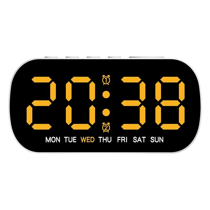 Digital alarm clock with white frame and large orange LED display showing weekdays