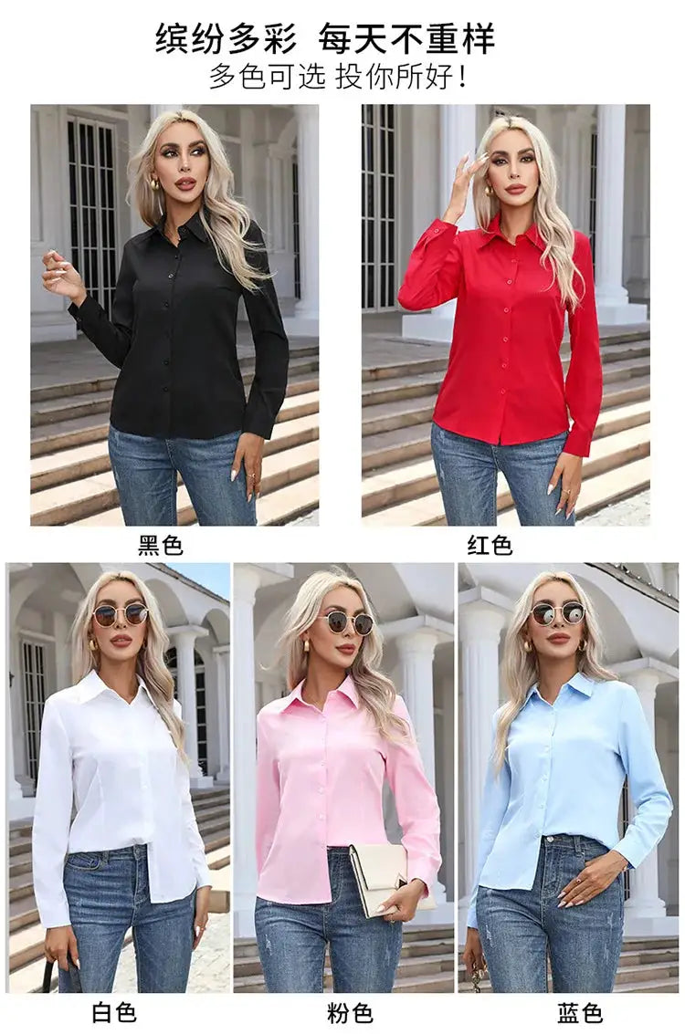 Women chiffon button-down shirt with turn-down collar; 5 color options black red white pink blue — Simples Market.