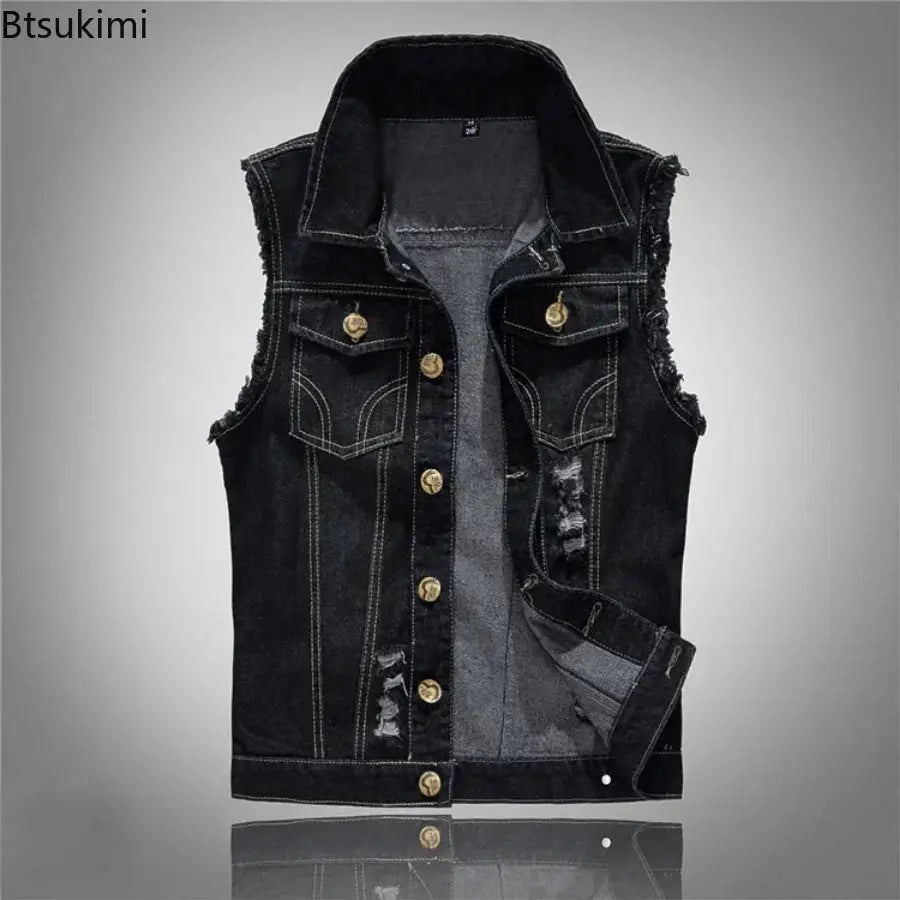 Simples Market denim sleeveless vest for men in black with brass buttons and distressed edges