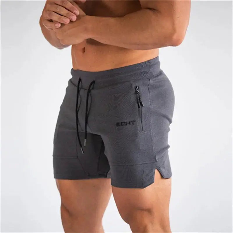 Men's gray fitness shorts with zip pockets and drawstring waist by Simples Market.