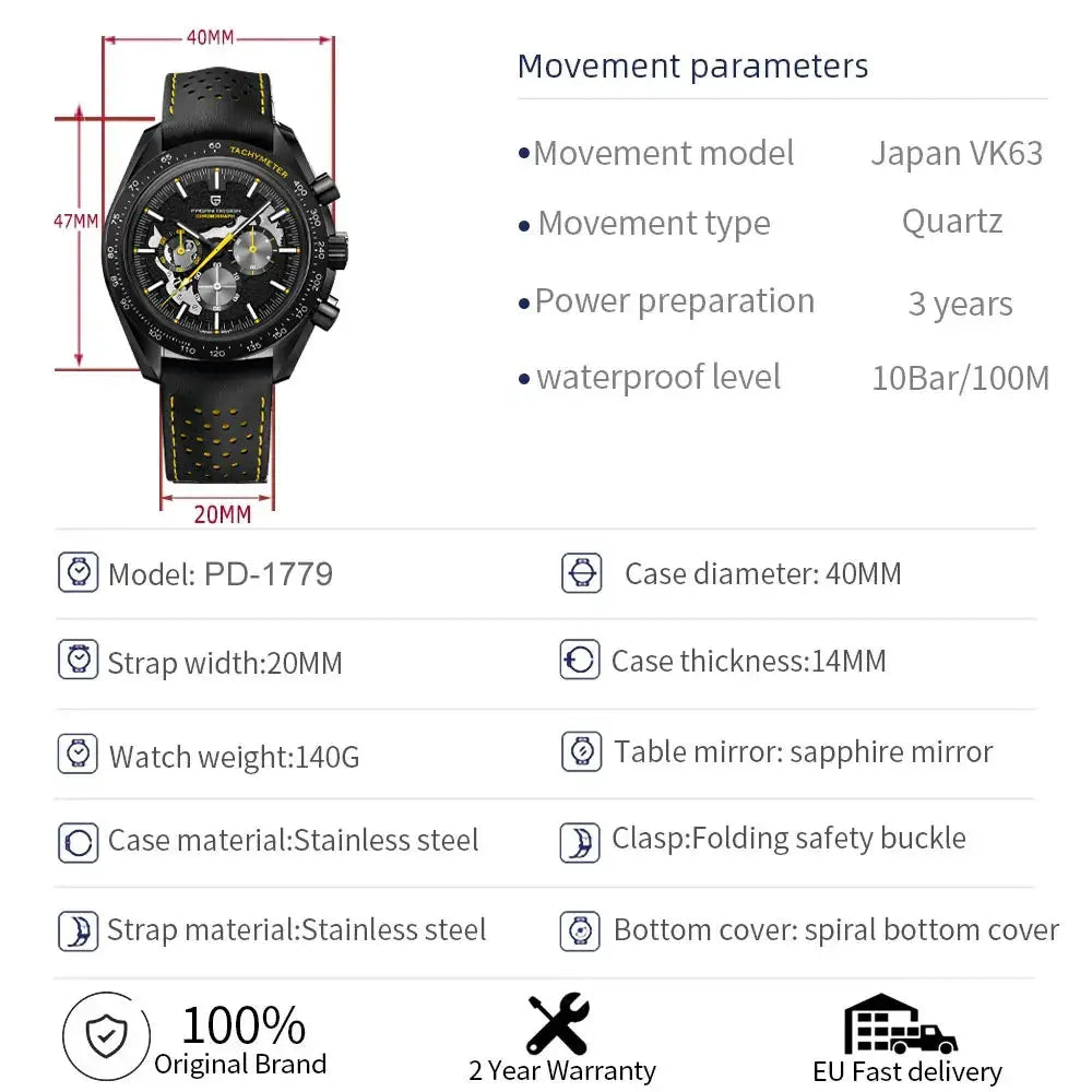 PAGANI DESIGN men's skeleton chronograph quartz watch, black 40mm case, AR sapphire glass, yellow-stitched strap