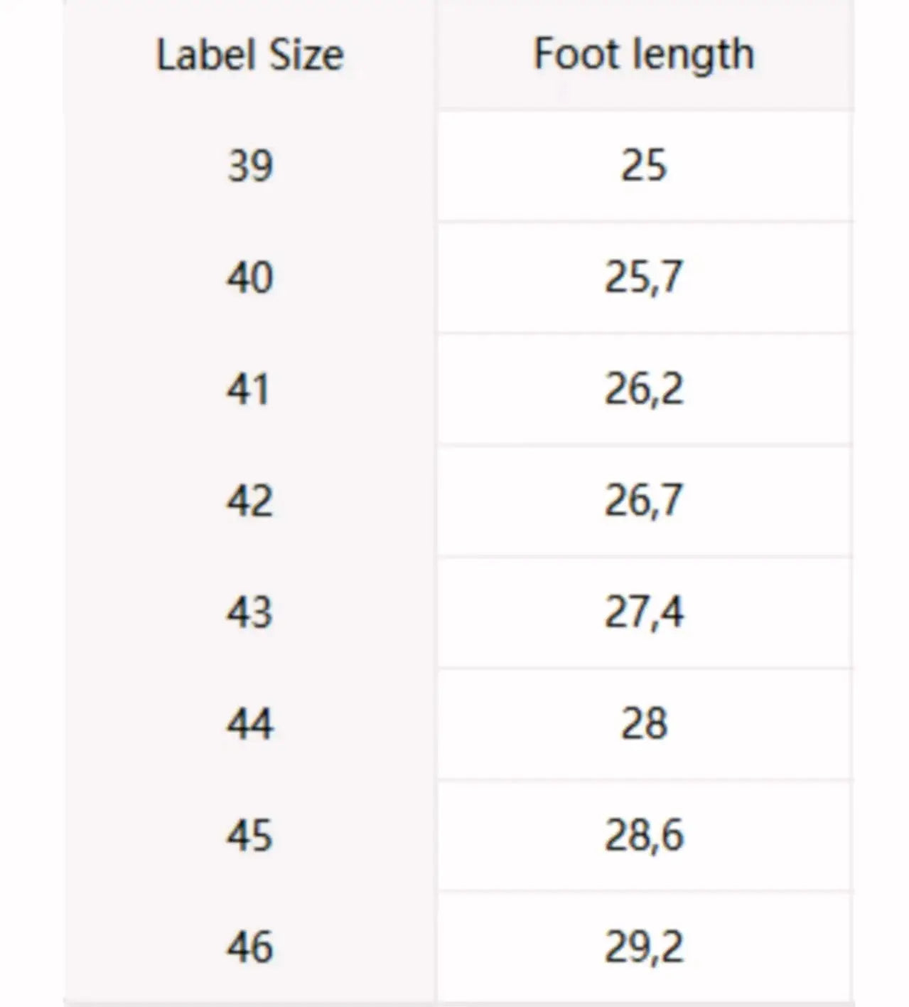 Men's running shoes size chart showing EU sizes 39–46 with corresponding foot lengths.