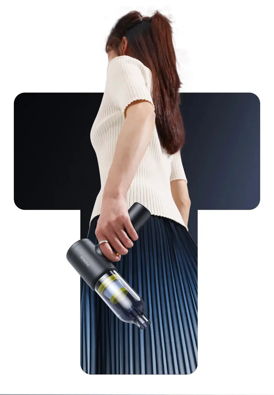 Baseus cordless car vacuum cleaner handheld with transparent dust canister and yellow accent.