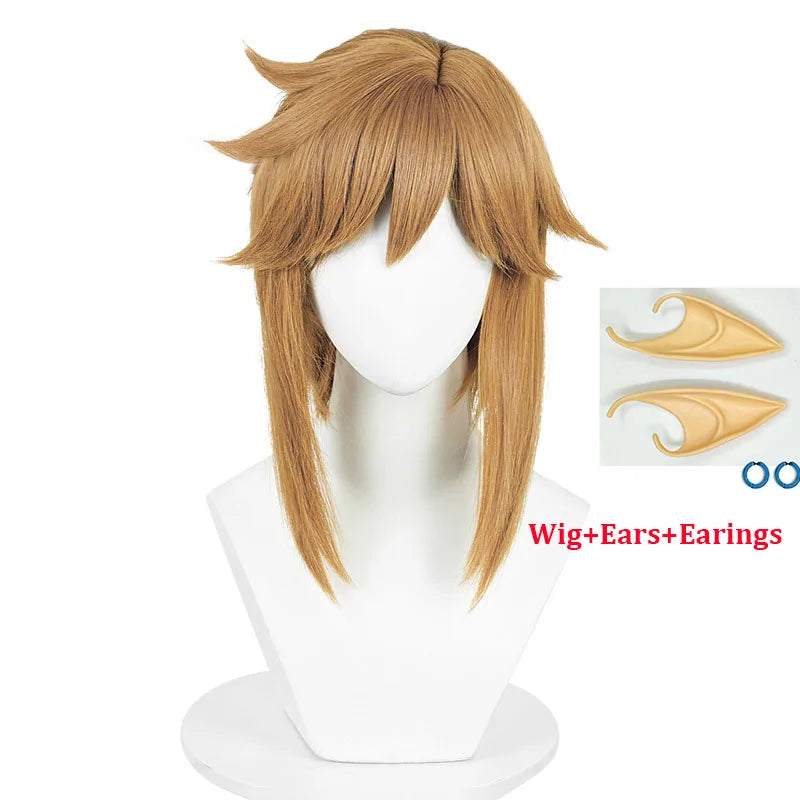 Link cosplay blonde-brown wig with elf ear earrings; heat-resistant synthetic hair by Simples Market