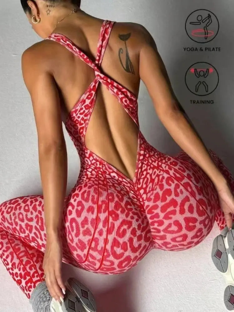 Women's pink-red leopard print one-piece jumpsuit with backless crisscross straps for yoga and fitness