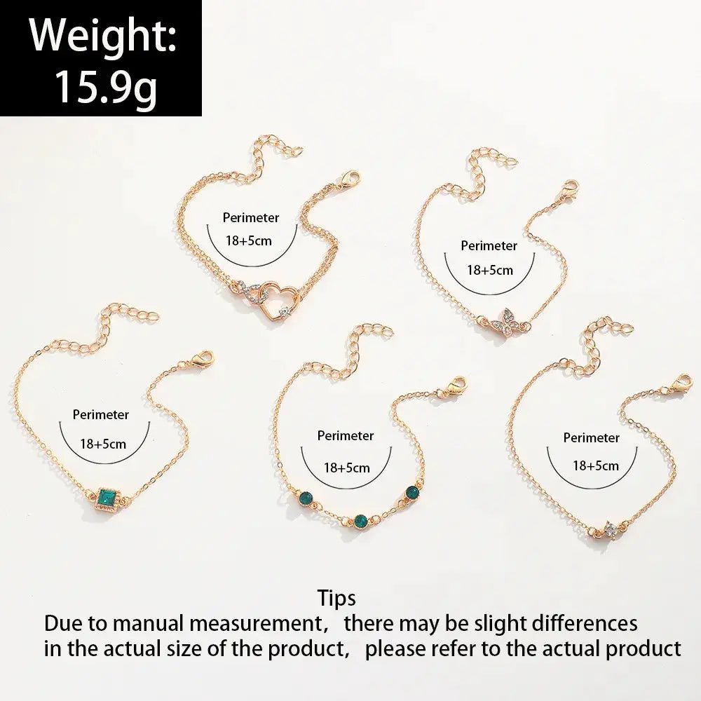 5Pcs Green Crystal Bracelet Set for Women Butterfly Heart Charm Gold Silver Color Chain Bangle Jewelry Trendy - Simples Market
