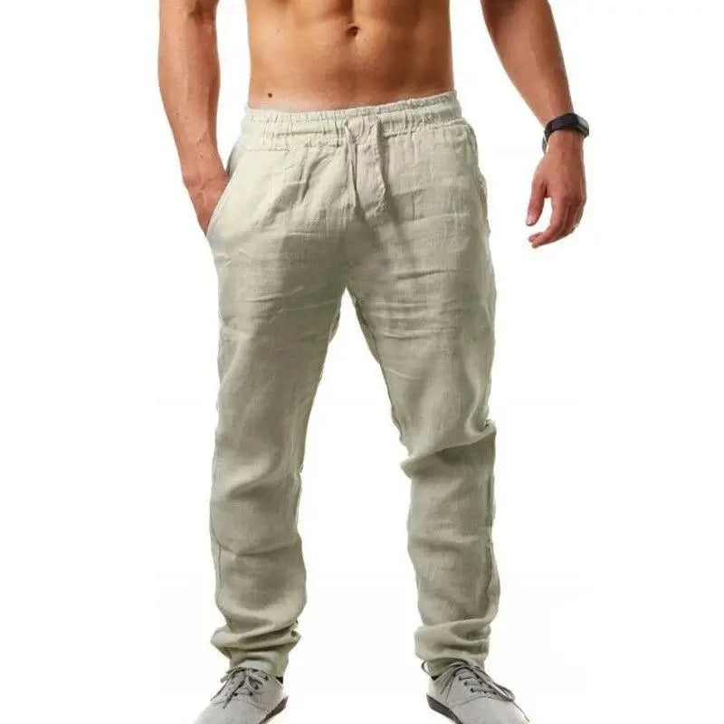Simples Market men's cotton-linen jogger pants in beige, breathable casual long trousers with drawstring waist