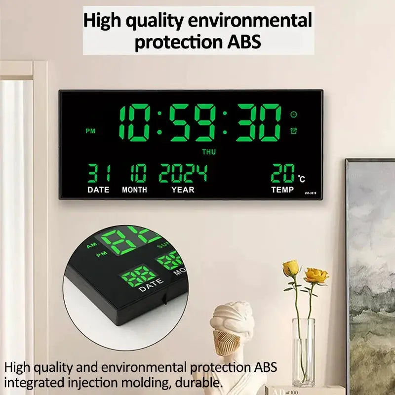 Simples Market black 14-inch digital LED wall clock with date, day, month, year, temperature, and 8 alarms; plug-in.
