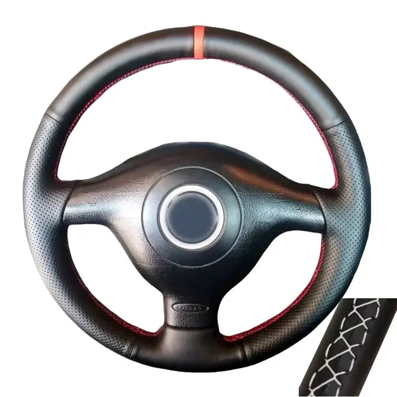 Steering wheel cover, black leather with red braided stitching for a non-slip car grip