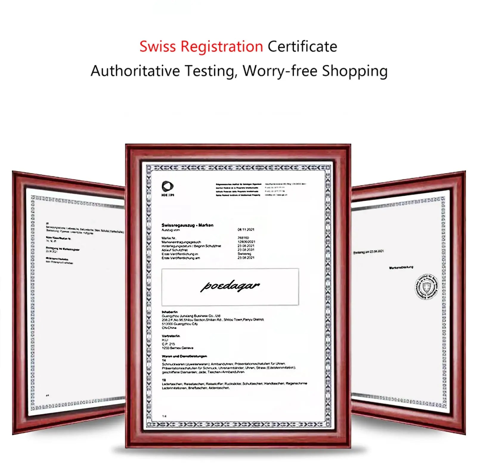 POEDAGAR certificates in three red-framed frames on white background