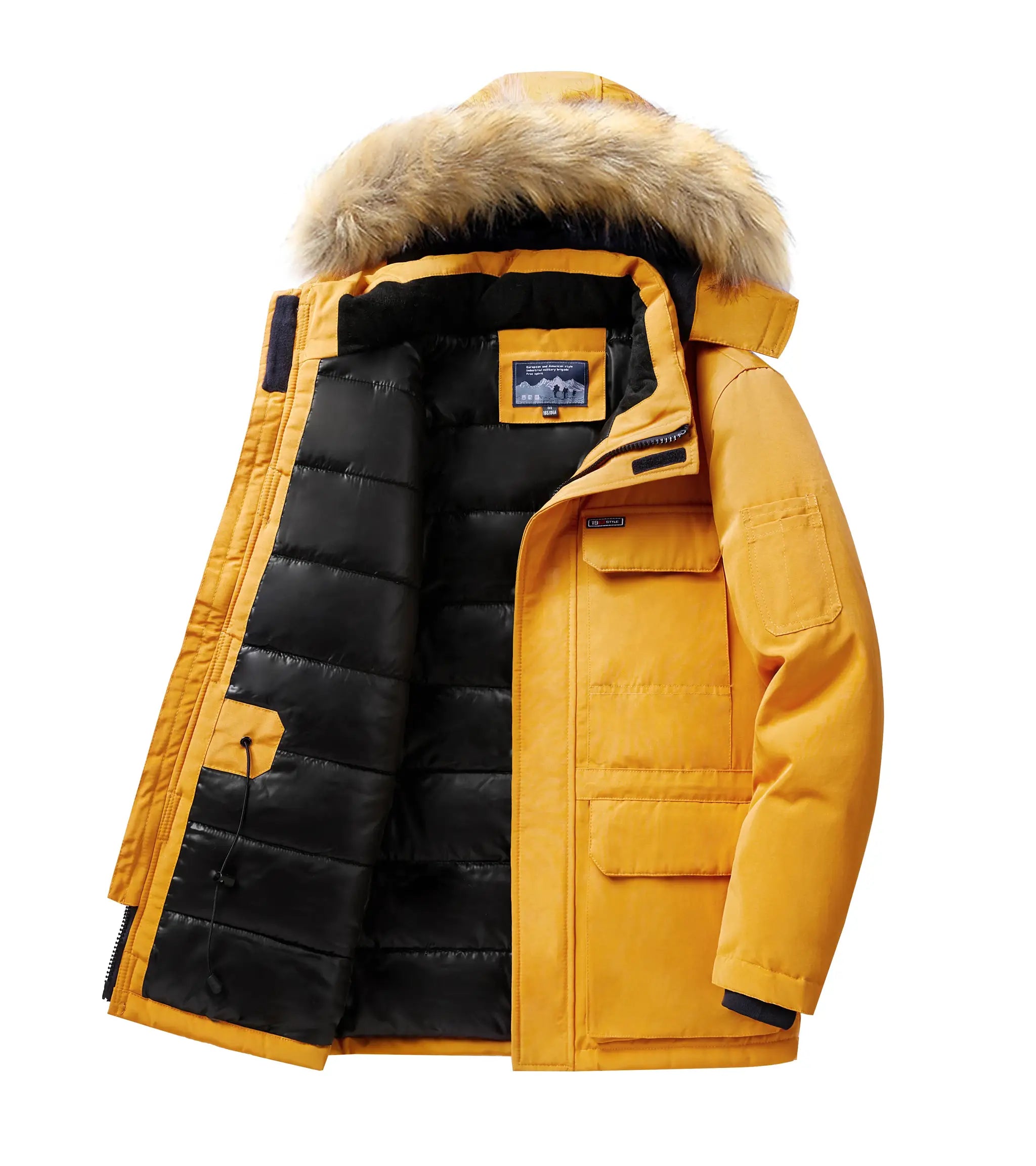 Simples Market orange down parka with fur-trimmed hood and black quilted lining; mid-length winter coat.