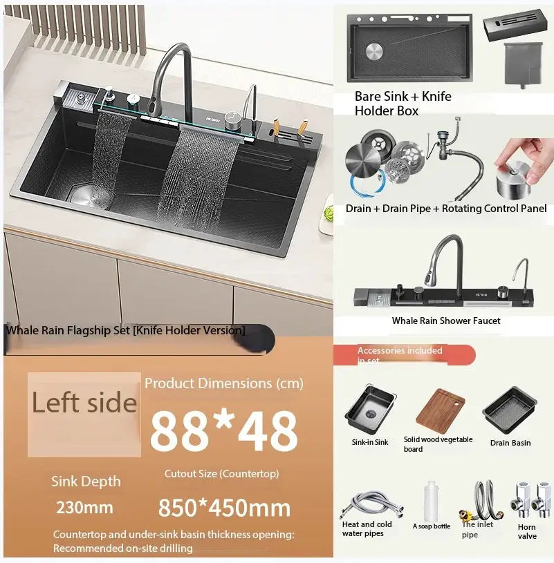 Stainless steel waterfall kitchen sink by Simples Market with embossed large single-slot basin and left-side drainage