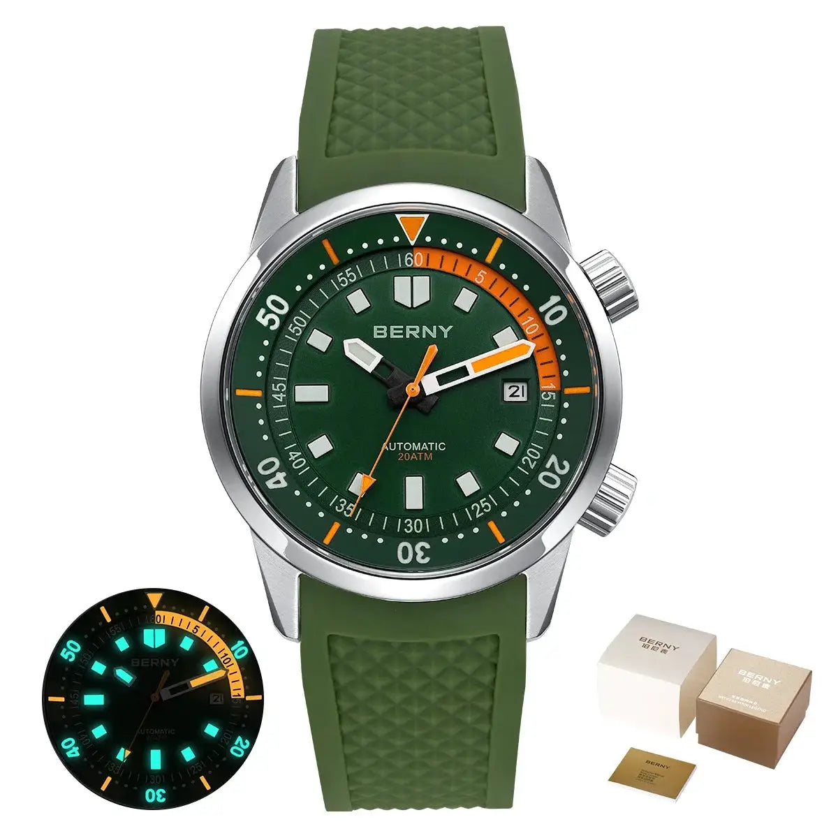 BERNY men's dive watch, green dial with orange accents, 42mm stainless case, green silicone strap, automatic 200m