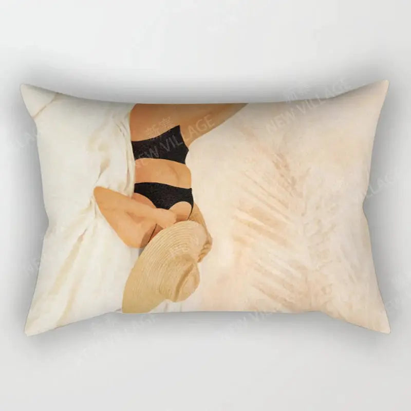 Throw pillow cover by Simples Market, beige Nordic fall design with abstract beach scene and a woman in a black bikini.