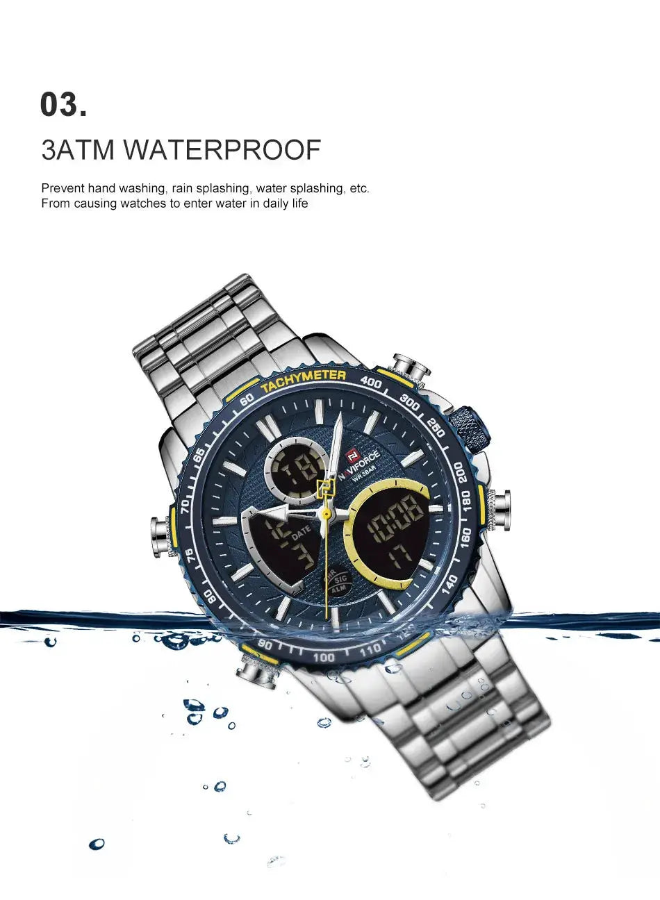 NAVIFORCE men's sport watch with stainless steel band, blue dial, chronograph and tachymeter; 3ATM waterproof