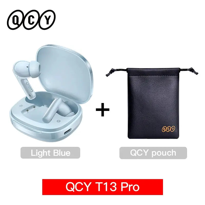 QCY T13 Pro wireless earbuds in light blue with charging case and QCY pouch (2 items) by Simples Market