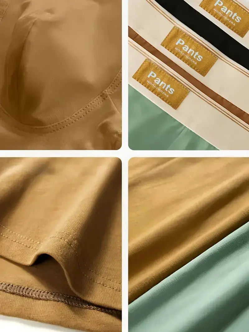 3-pack men's breathable cotton boxer shorts in tan and green with stitched hems.