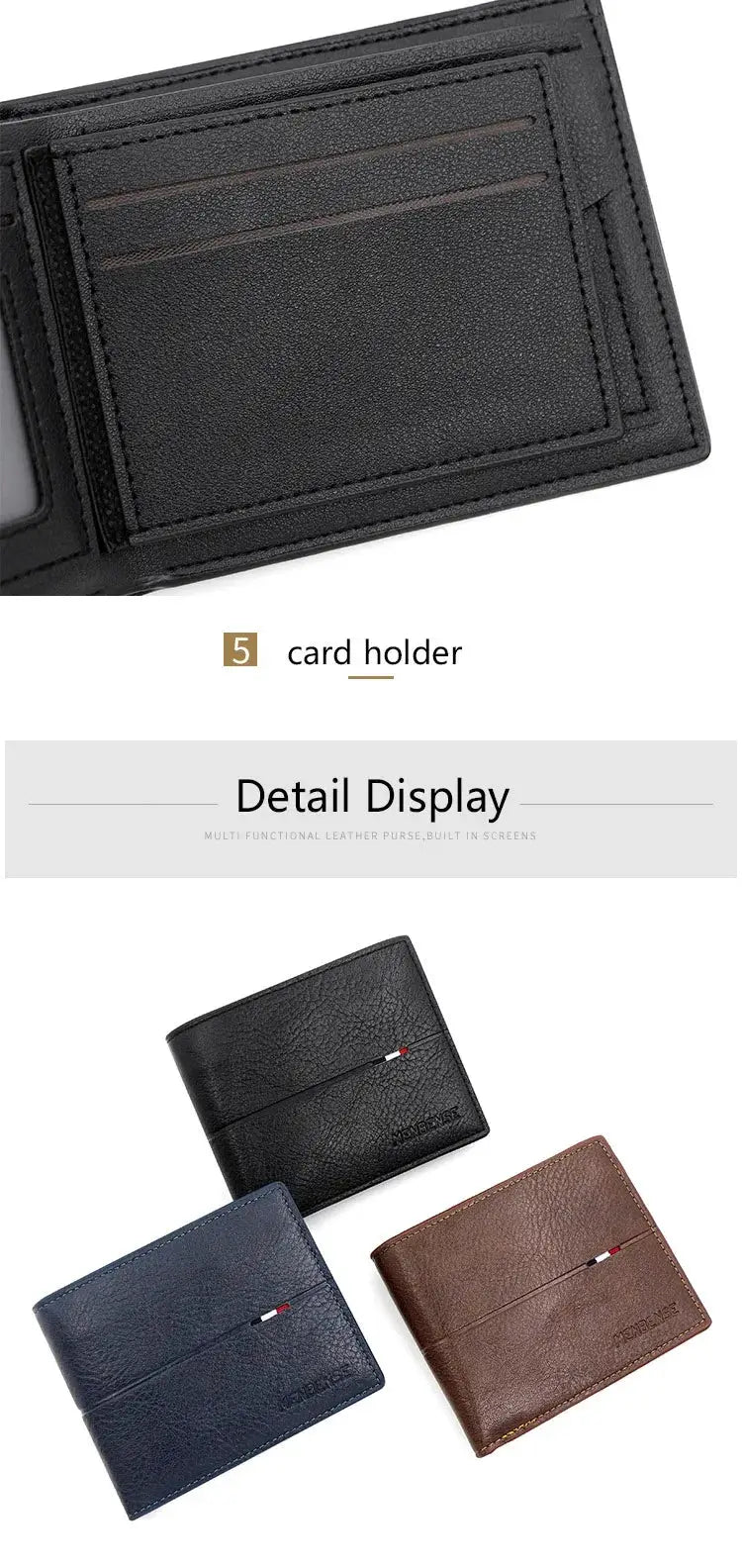 Simples Market 5-card short bifold PU leather wallet, black with zipper; navy and brown variants shown