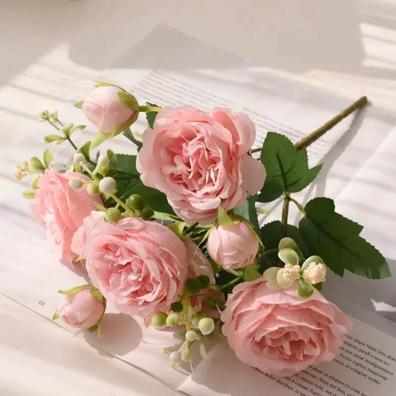 30cm Rose Pink Silk Peony Bouquet With Five Large Heads And Four Buds For Wedding And Home Decor Artificial Flower