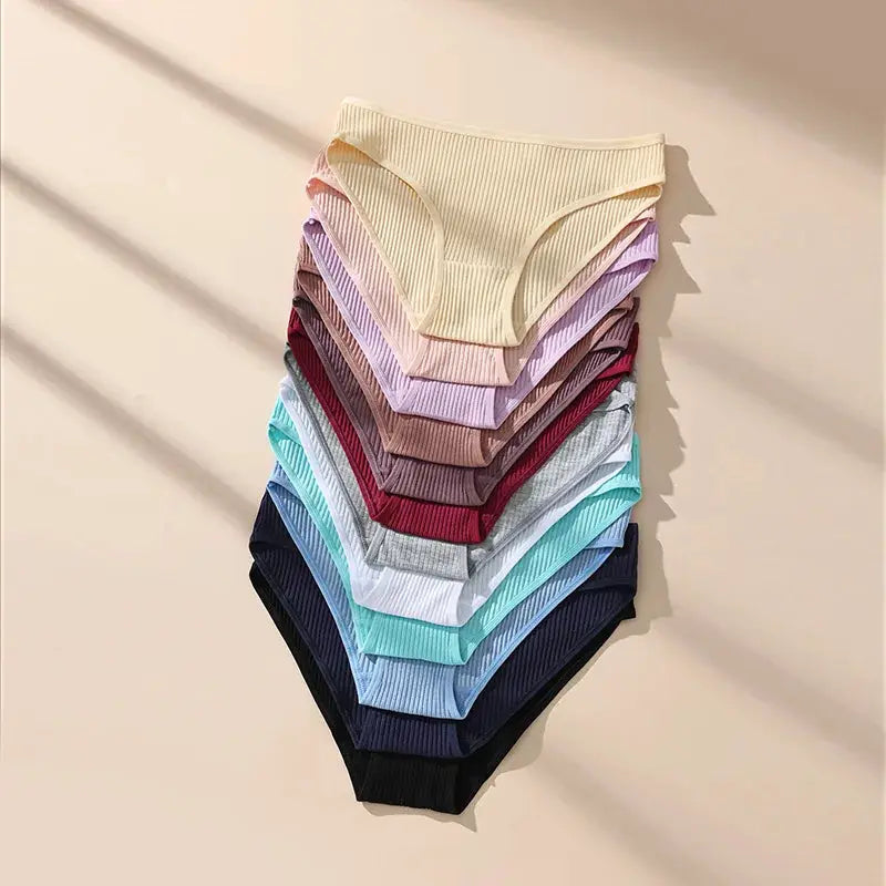 Simples Market 7-piece set of women's breathable cotton ribbed low-rise panties in solid colors